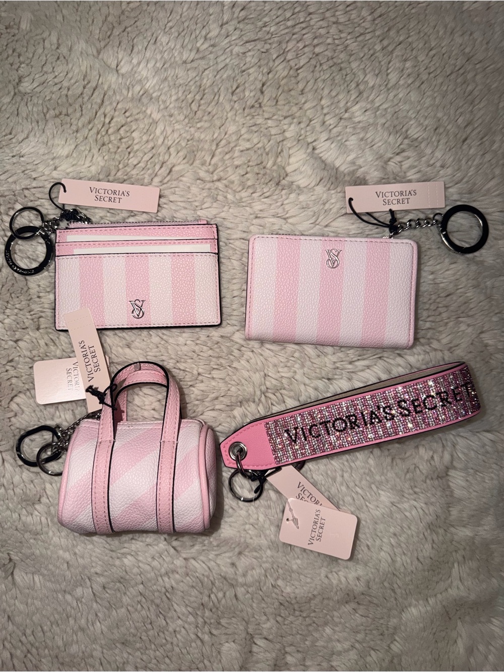 Victoria's Secret Pink Striped Wallet, Card Holder & Keychain Set